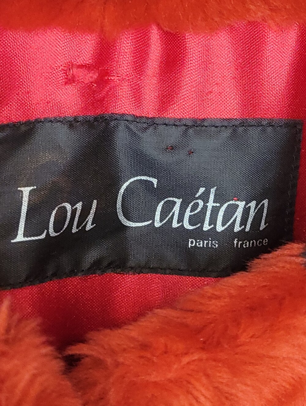 Vintage Blood Orange Red Lou Caétan Faux Fur Long Coat with Black Collar - Picture 8 of 13